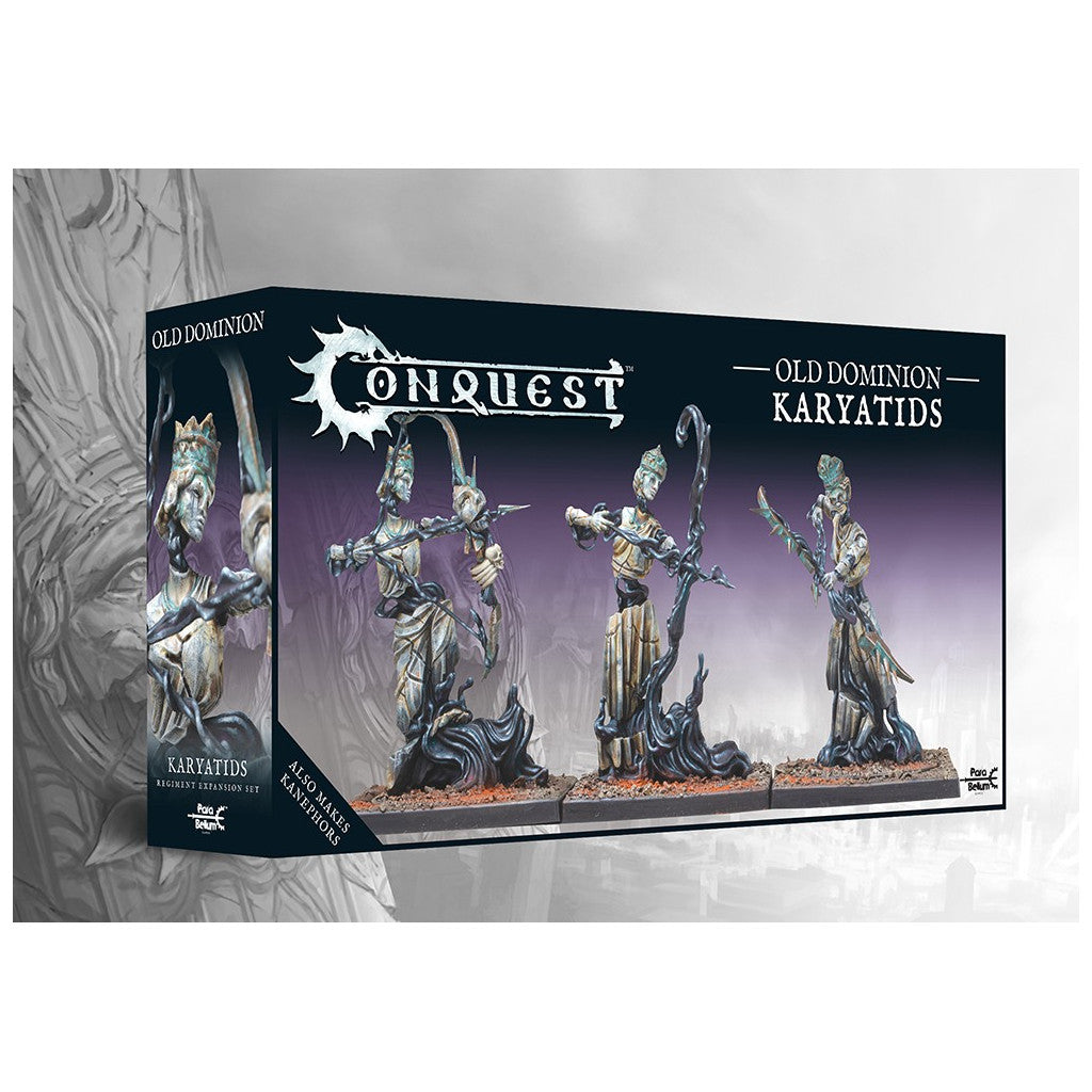 Conquest: Old Dominion Karyatids Regiment Expansion Set box, featuring three animated statue miniatures