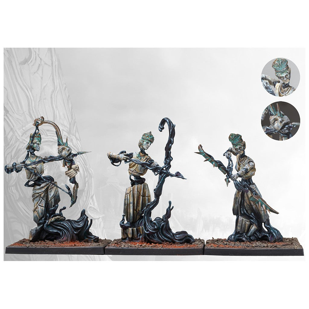 Three painted fantasy miniatures depicting statue-like archers wielding bows made of dark, swirling vines