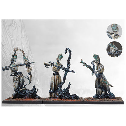 Three painted fantasy miniatures depicting statue-like archers wielding bows made of dark, swirling vines