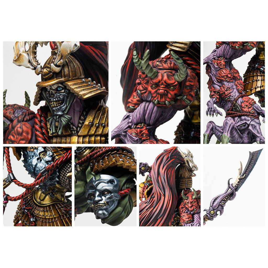Painted fantasy miniature: detailed collage showing undead samurai, gold armor, skull mask, and embedded red demon faces