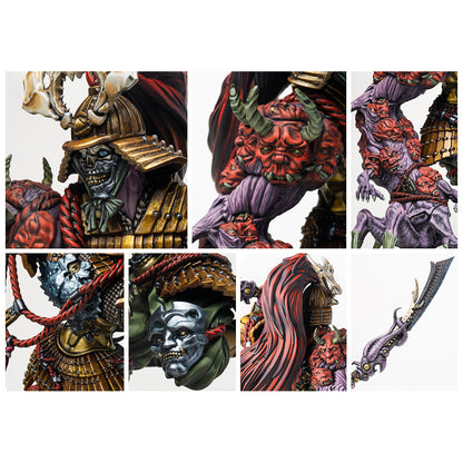 Painted fantasy miniature: detailed collage showing undead samurai, gold armor, skull mask, and embedded red demon faces
