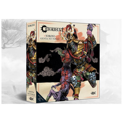 Conquest Yoroni: Genya No Yokai model kit box showing a horned samurai warrior in gold armor over a purple monster