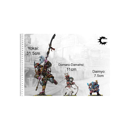 Size comparison of three miniatures: Yokai (31.5cm), Domaru-Damahsi (11cm), and Daimyo (7.5cm), shown next to a ruler