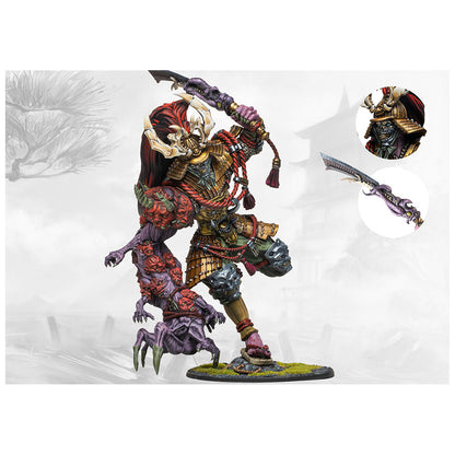 Miniature of a demonic samurai warrior in ornate armor raising a sword, accompanied by a purple, multi-faced monster