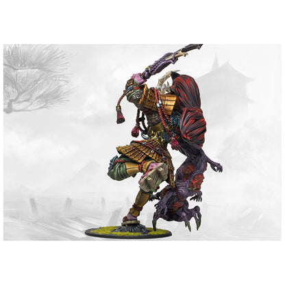 Hand-painted miniature of a gold-armored warrior mid-strike, joined with a large, grotesque purple demon on its back