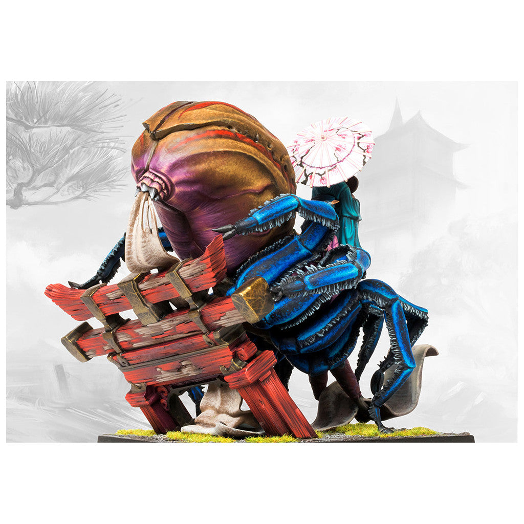 Highly detailed miniature: Giant blue arachnid with bulbous body, red wooden shield, and a rider with a parasol