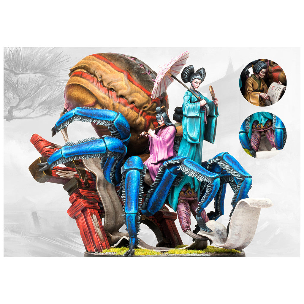 Miniature model of two Japanese-styled women riding a giant blue-legged fantasy spider monster