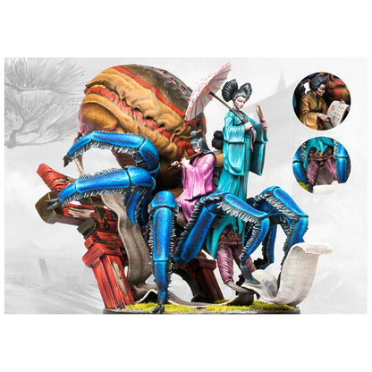 Miniature model of two Japanese-styled women riding a giant blue-legged fantasy spider monster
