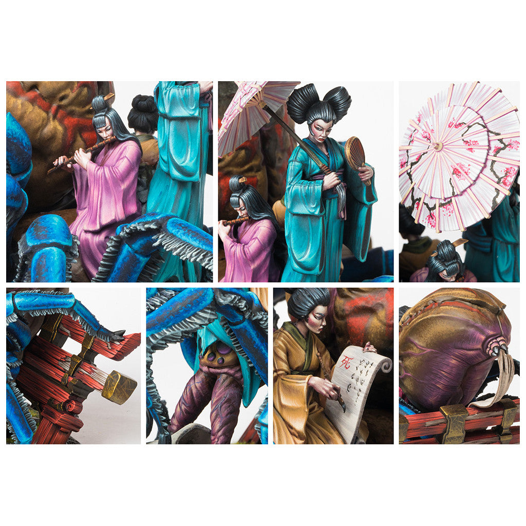 Detailed hand-painted miniatures of geisha figures and a massive blue crustacean monster, shown in 8 close-up panels