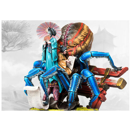 Miniature: Two figures in traditional robes, one writing, mounted on a giant blue spider-crab monster