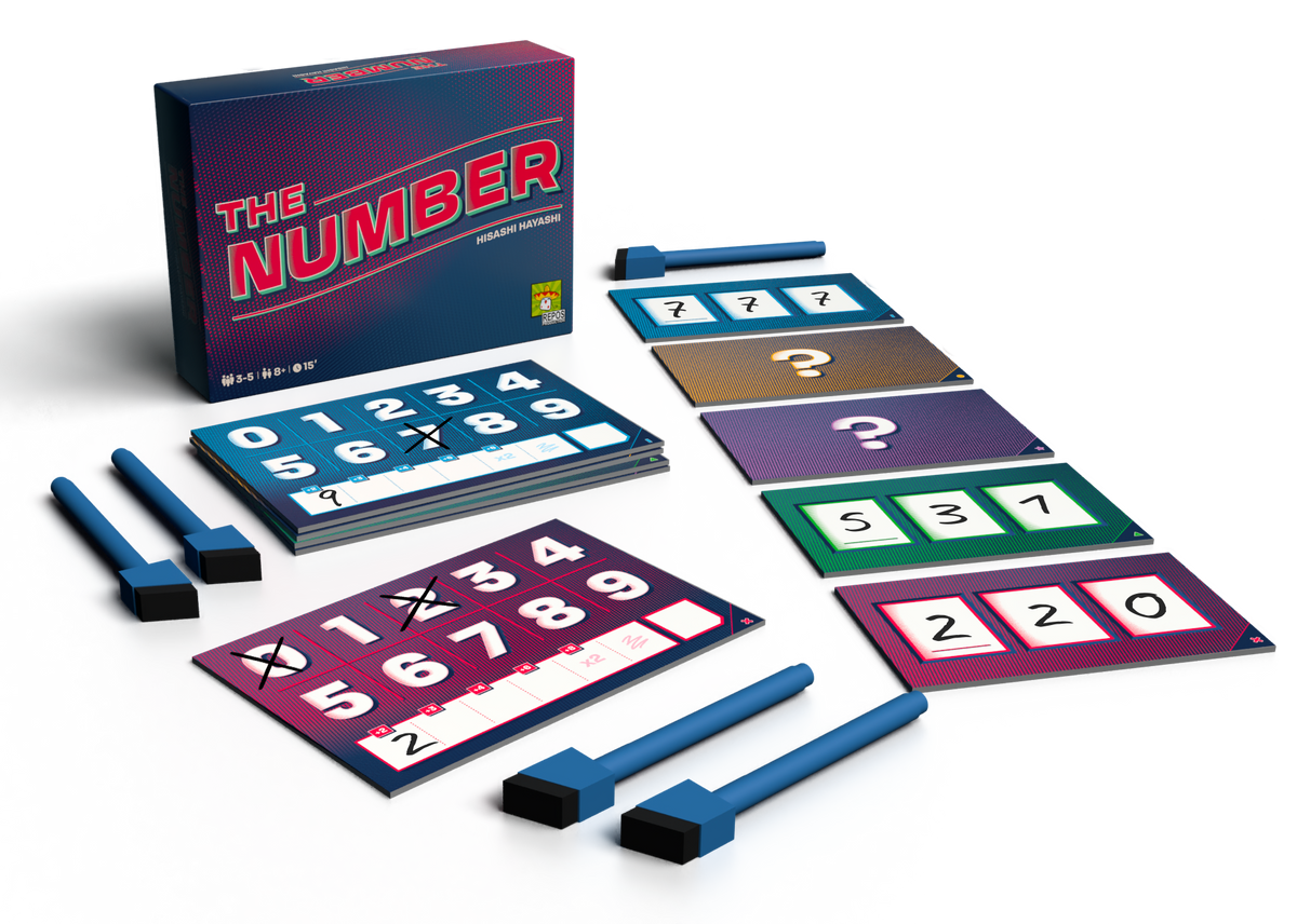 Instructional graphic showing the gameplay setup of The Number Game with player cards arranged and the game goal explained