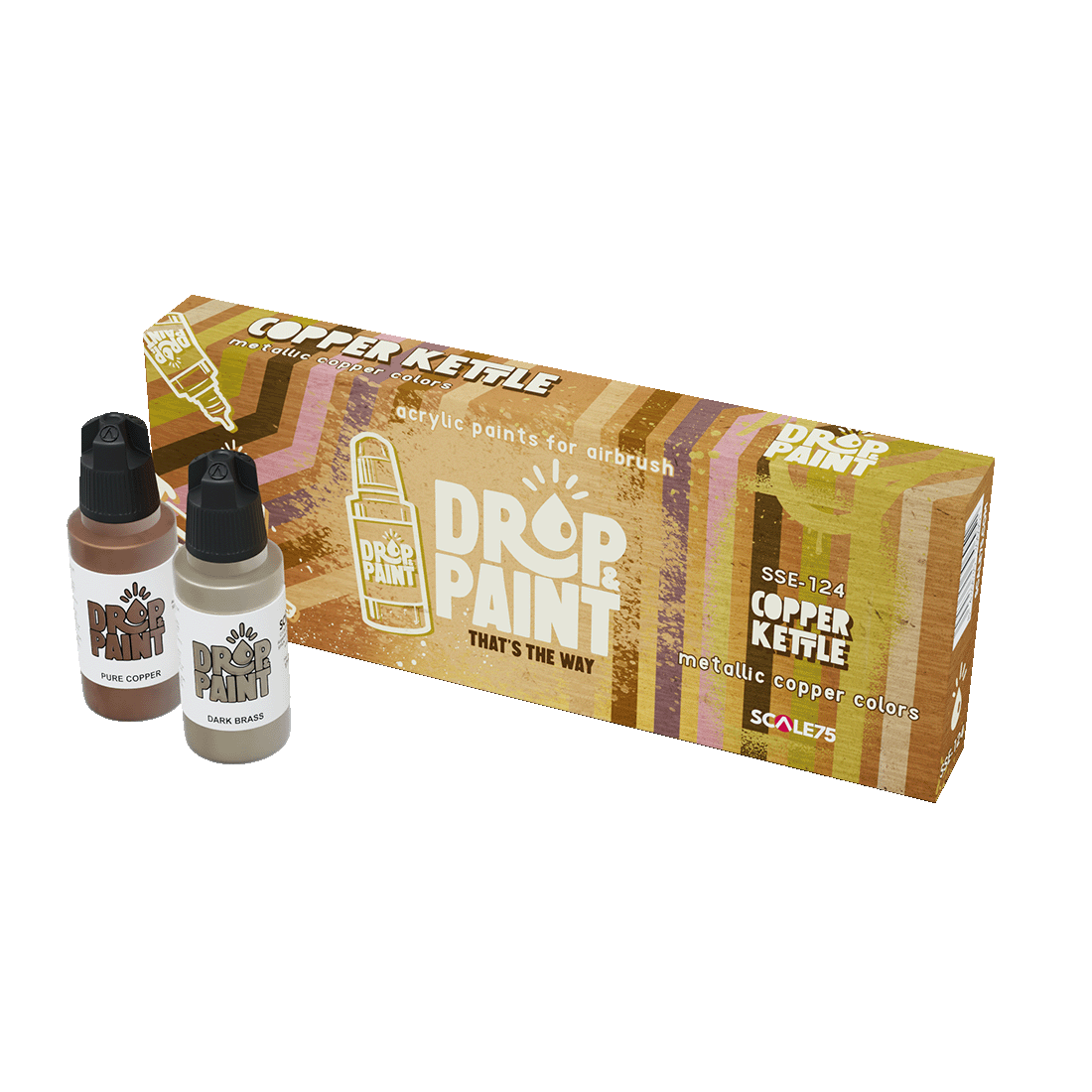 Two bottles of copper and brass metallic paint sit in front of a Copper Kettle paint set box