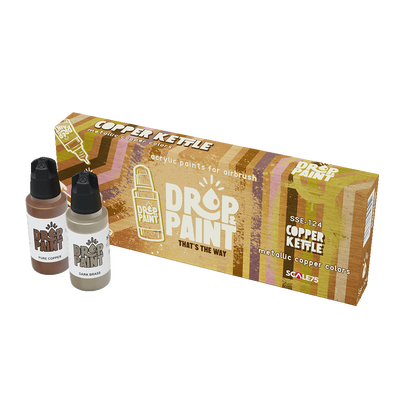 Two bottles of copper and brass metallic paint sit in front of a Copper Kettle paint set box