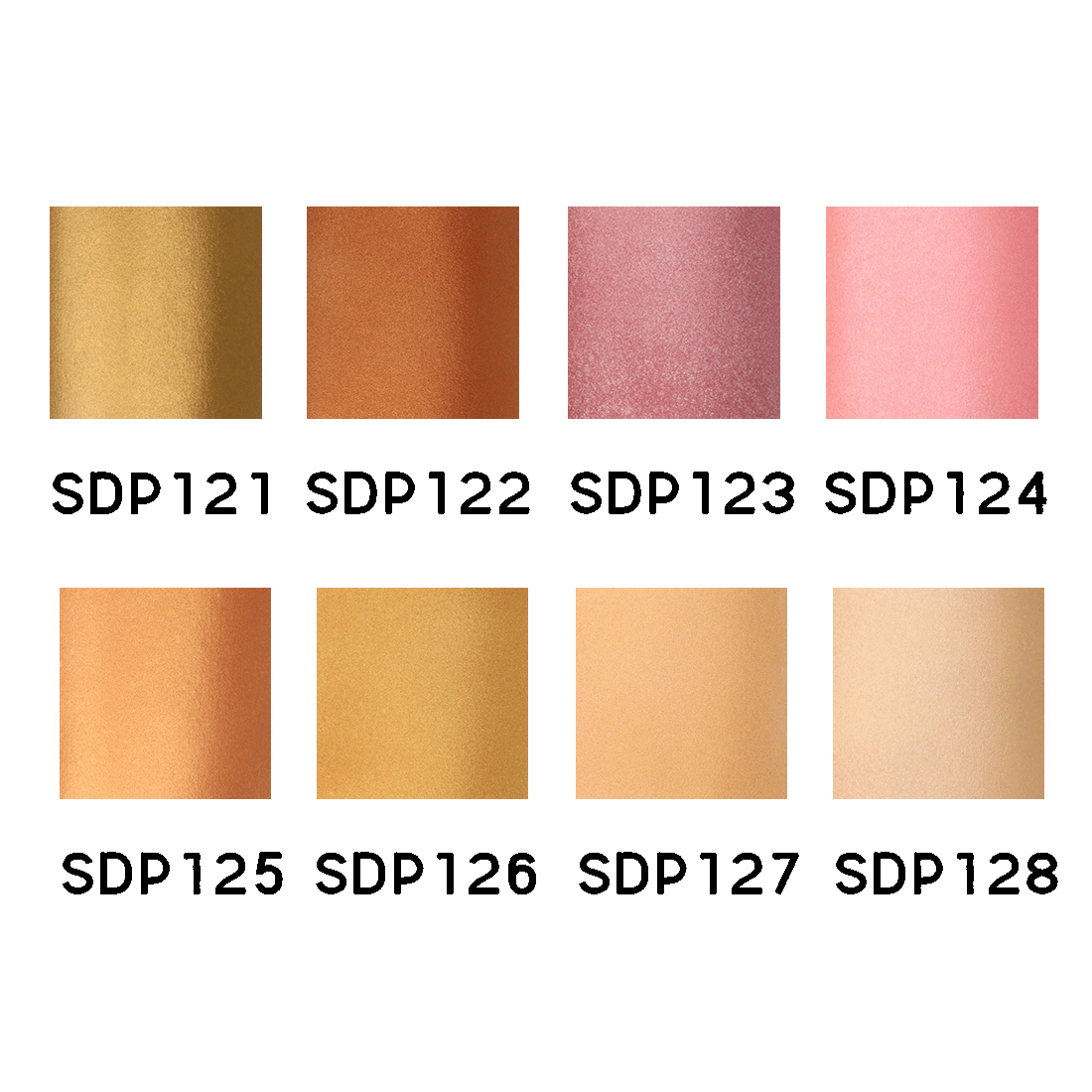 Eight square color swatches show metallic gold, copper, rose, and peach tones, each with an SDP label below