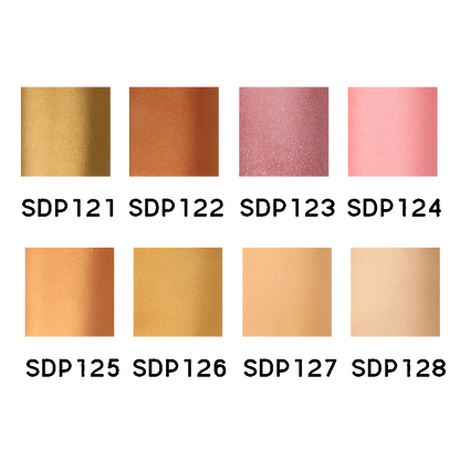 Eight square color swatches show metallic gold, copper, rose, and peach tones, each with an SDP label below