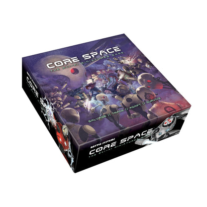 Core Space Sci-Fi Miniatures Game box art: Humans fight robots in space, overshadowed by a massive, red-eyed robot head