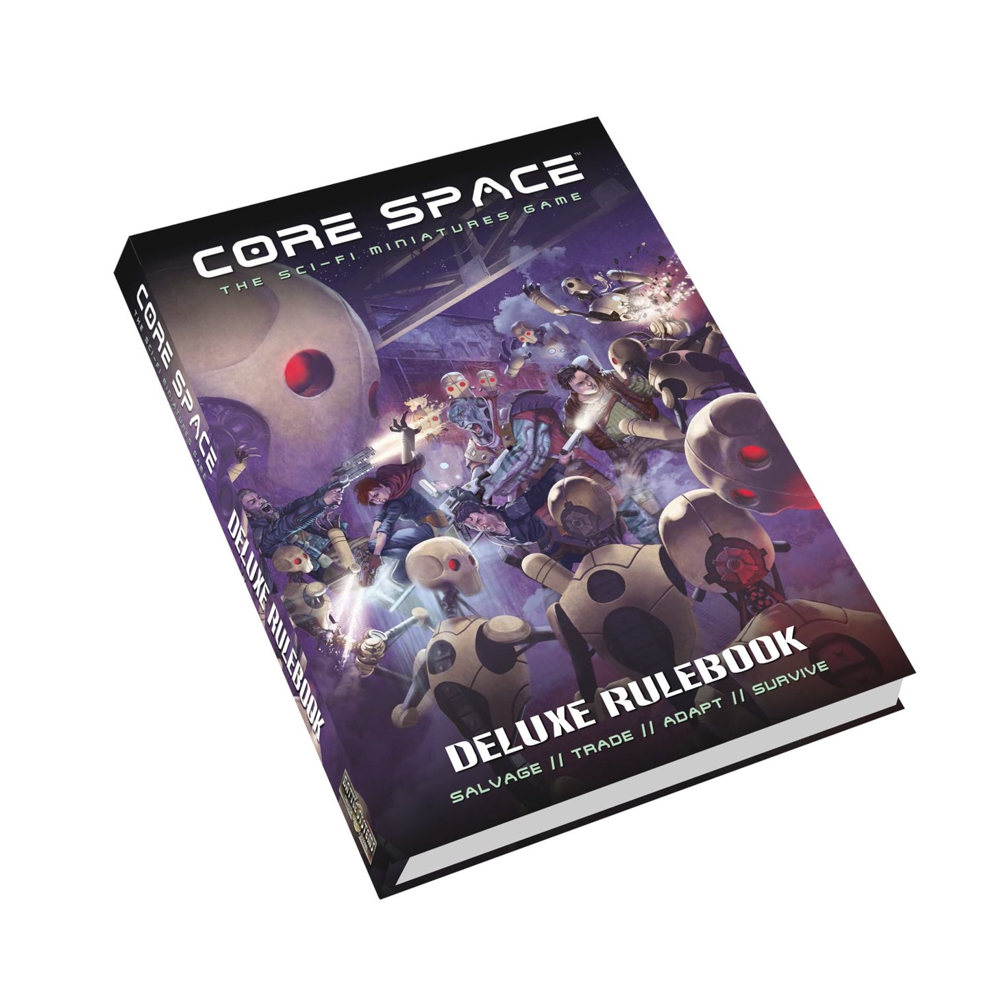Core Space Deluxe Rulebook for the sci-fi miniatures game. Cover shows characters fighting robots with glowing red eyes