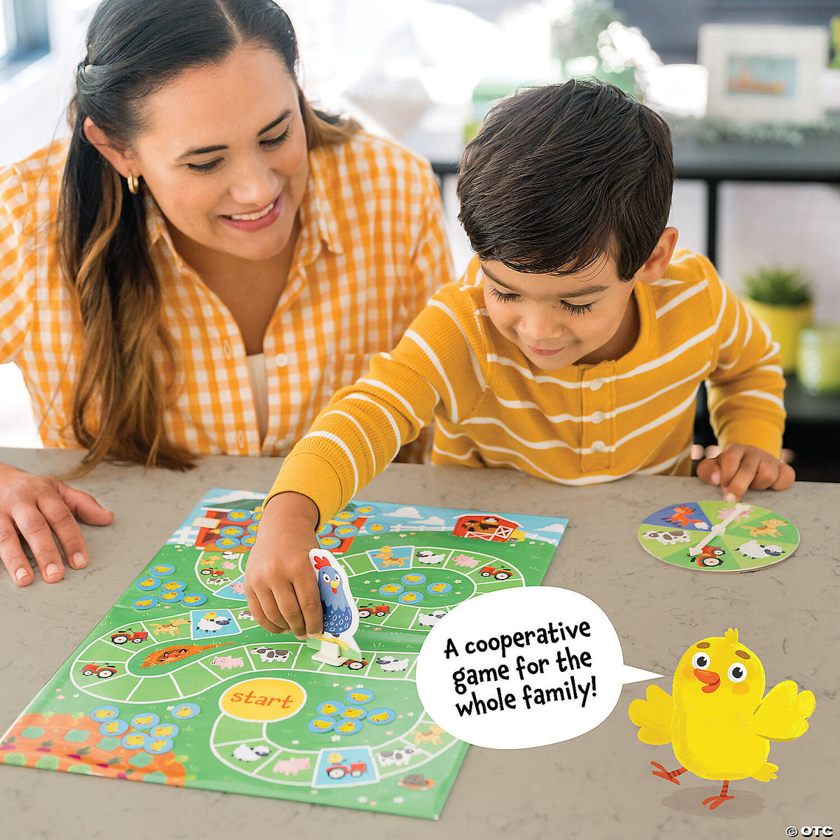Two people playing the Count Your Chickens cooperative board game featuring a child moving a blue chicken game piece on a farm-themed board with colorful animal illustrations and chick tokens