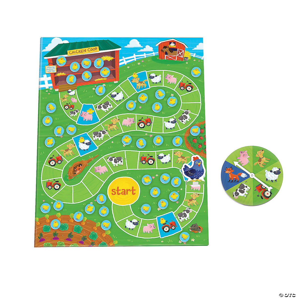 Farm-themed board game Count Your Chickens with animal spinner and chicken coop game board