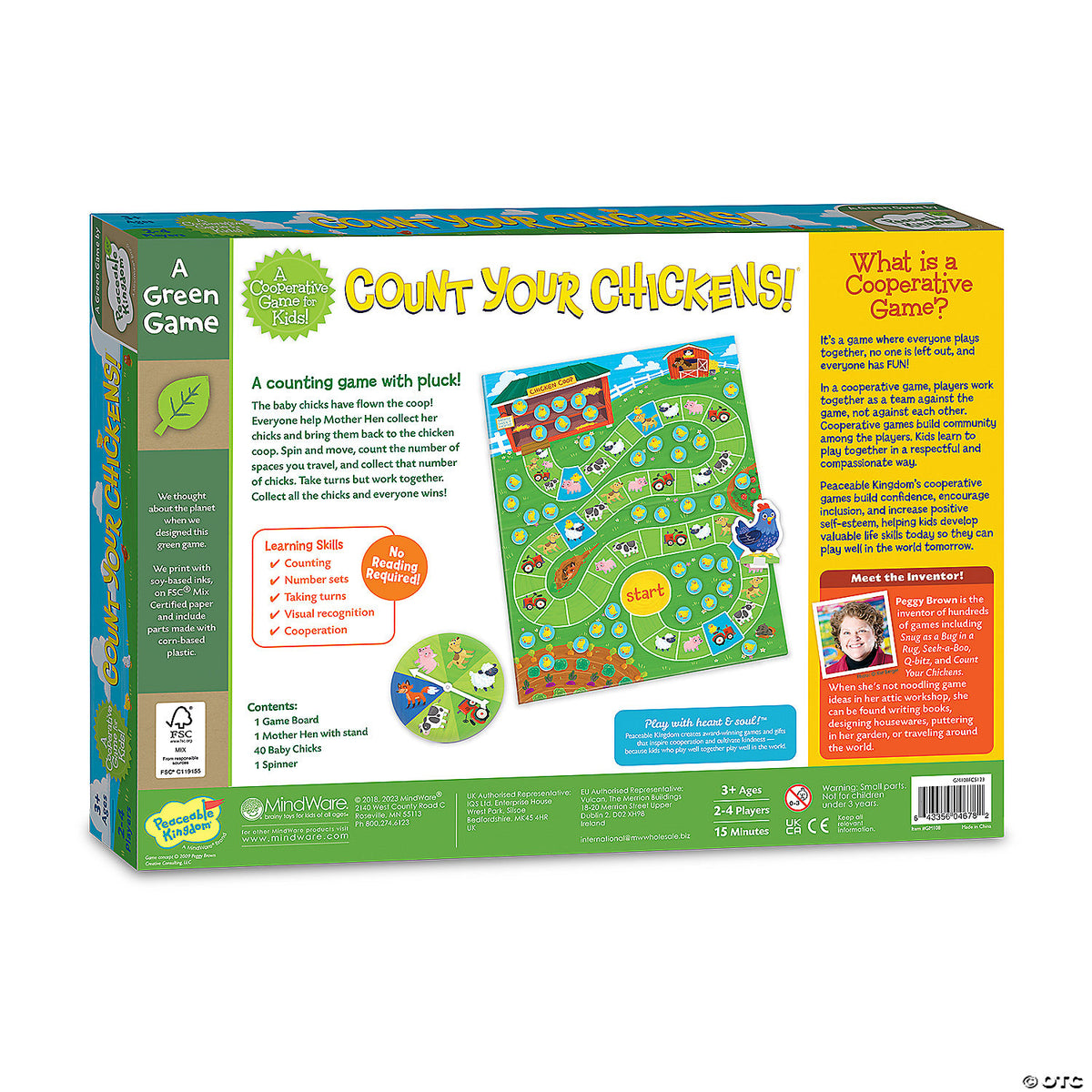 Count Your Chickens cooperative board game for kids featuring a green game box with a board game and colorful components inside highlighting counting skills and teamwork