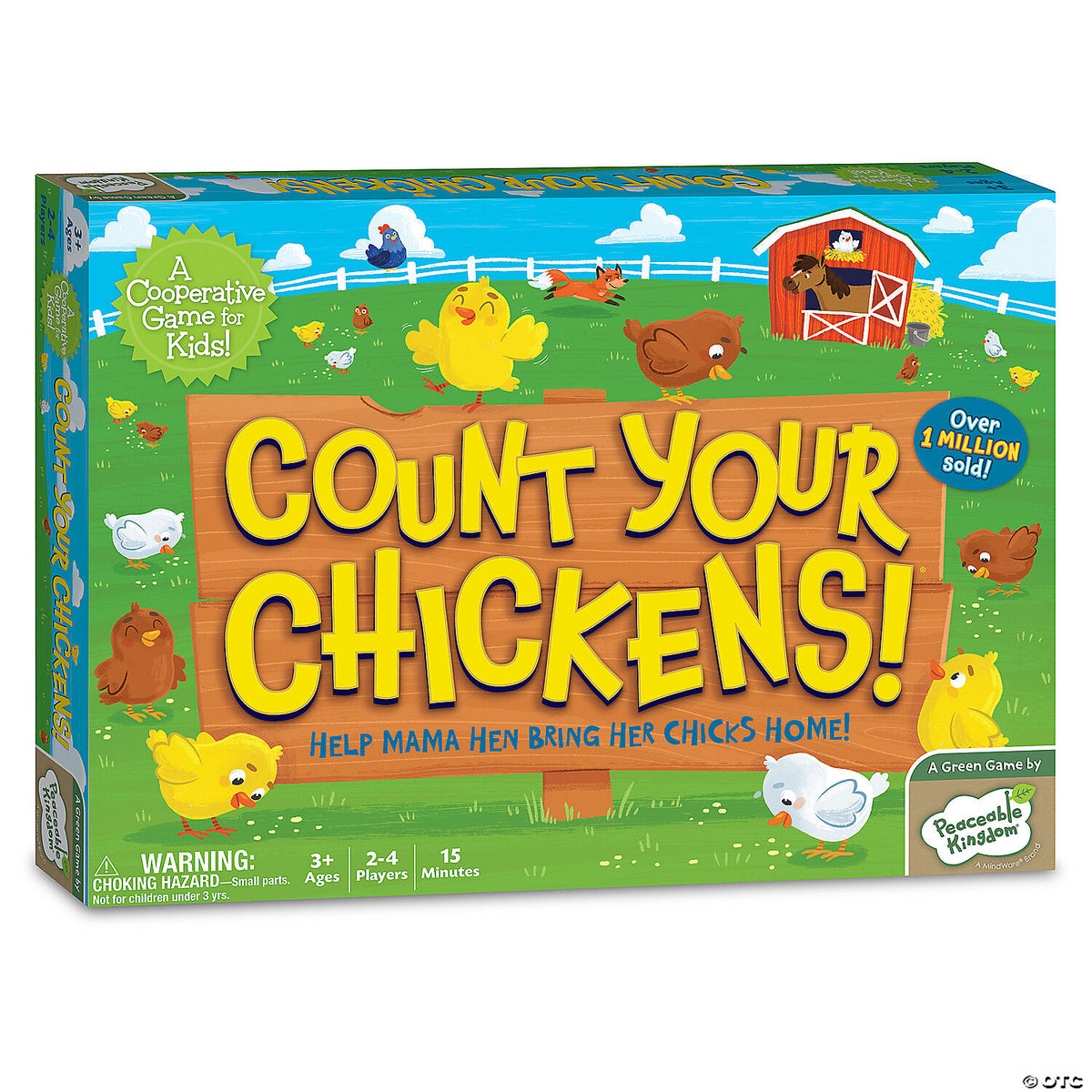 Count Your Chickens cooperative board game for kids featuring farm animals a red barn and a wooden sign on a green field