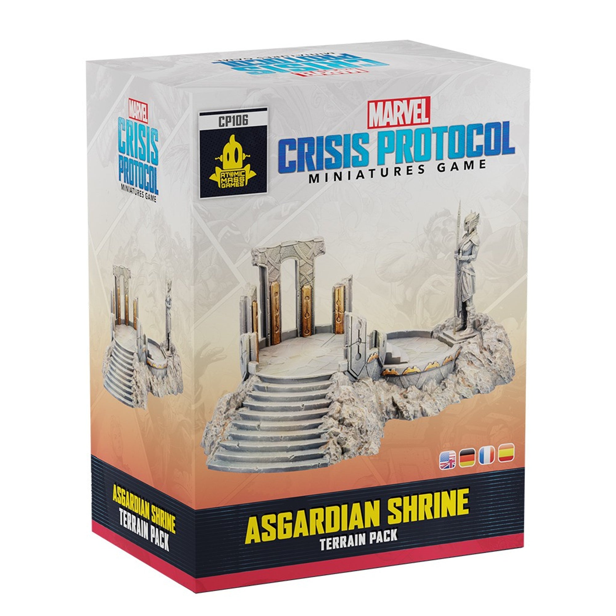 Box for the Marvel Crisis Protocol Asgardian Shrine Terrain Pack showing a detailed rocky shrine with steps and a warrior statue