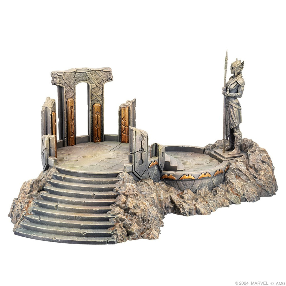 Miniature terrain: a ruined stone structure with archways steps and a statue of a spear-wielding warrior in a winged helmet