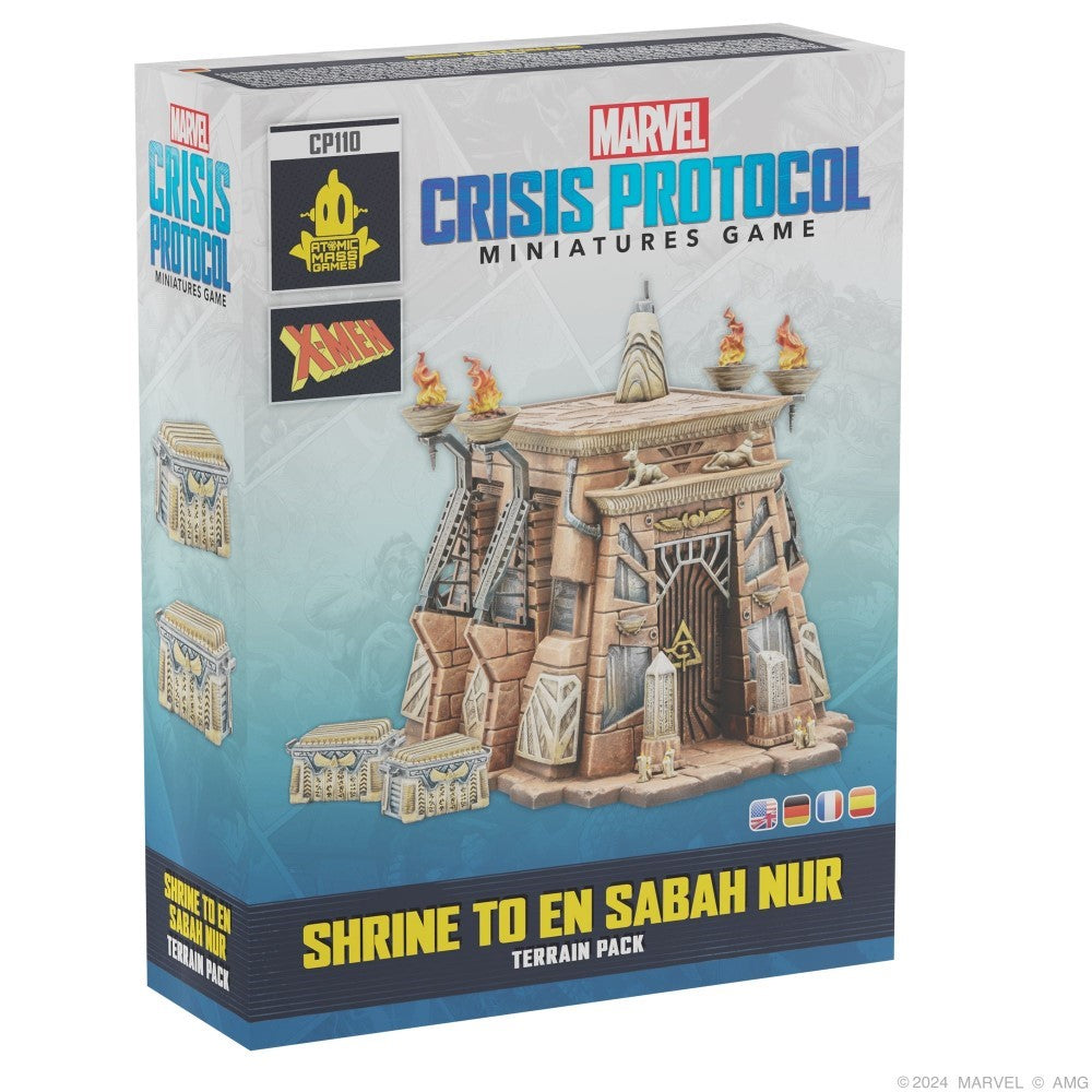 A box for the Marvel Crisis Protocol 'Shrine to En Sabah Nur' terrain pack, showing an ancient temple miniature with lit torches