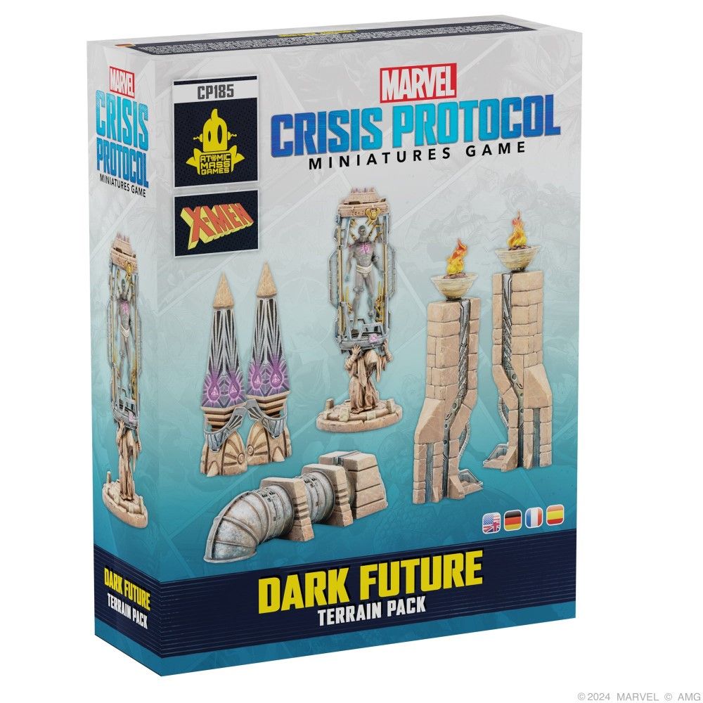 Box for Marvel Crisis Protocol Dark Future Terrain Pack, displaying unpainted sci-fi ruin terrain including a stasis tube