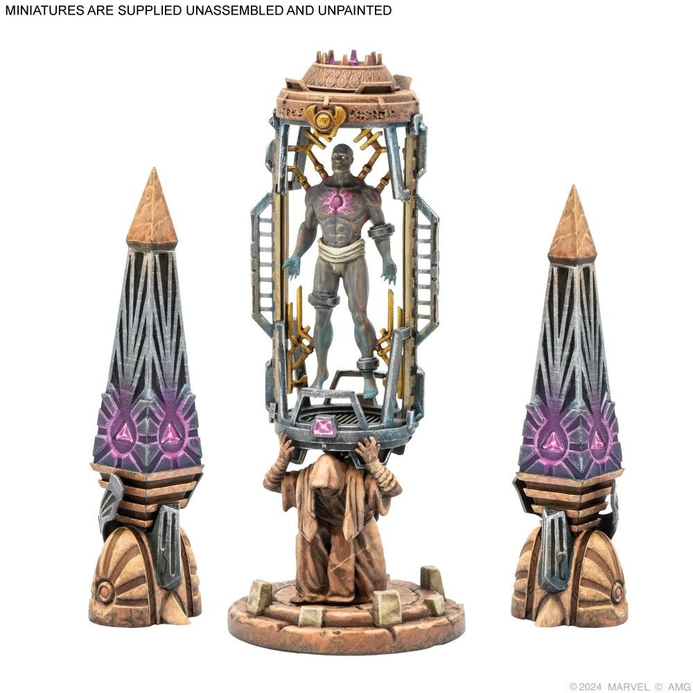A muscular grey figure with a glowing purple chest is contained in an ornate chamber held by a kneeling robed figure, flanked by two energy spires
