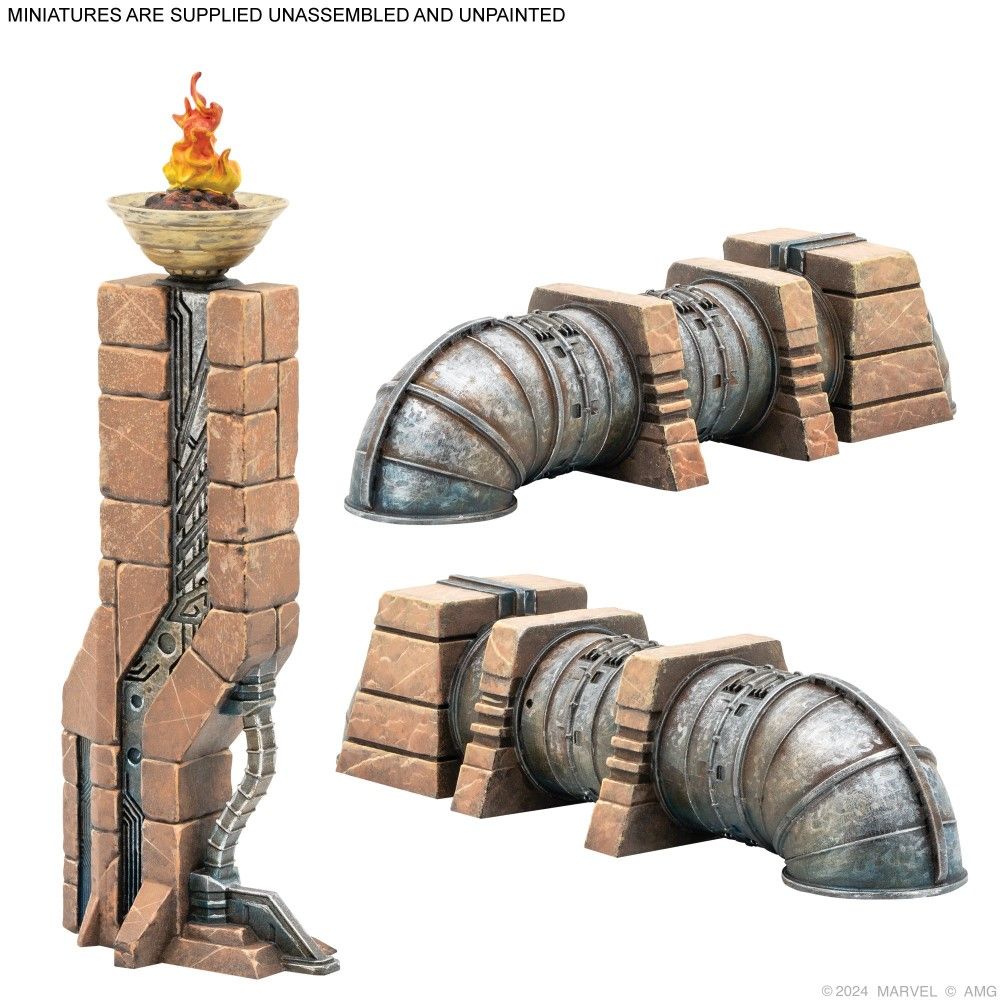 Miniature sci-fi terrain: A stone pillar with a flaming brazier and two weathered industrial pipes