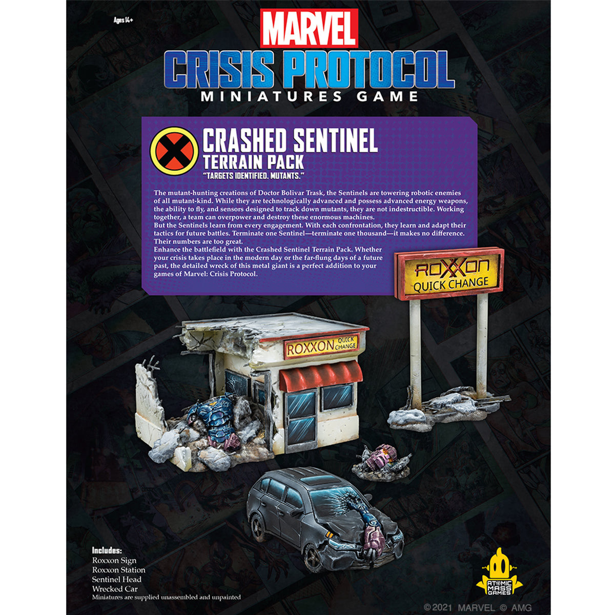 Unpainted Crashed Sentinel terrain miniature showing large robotic parts and rubble scattered across a battle environment