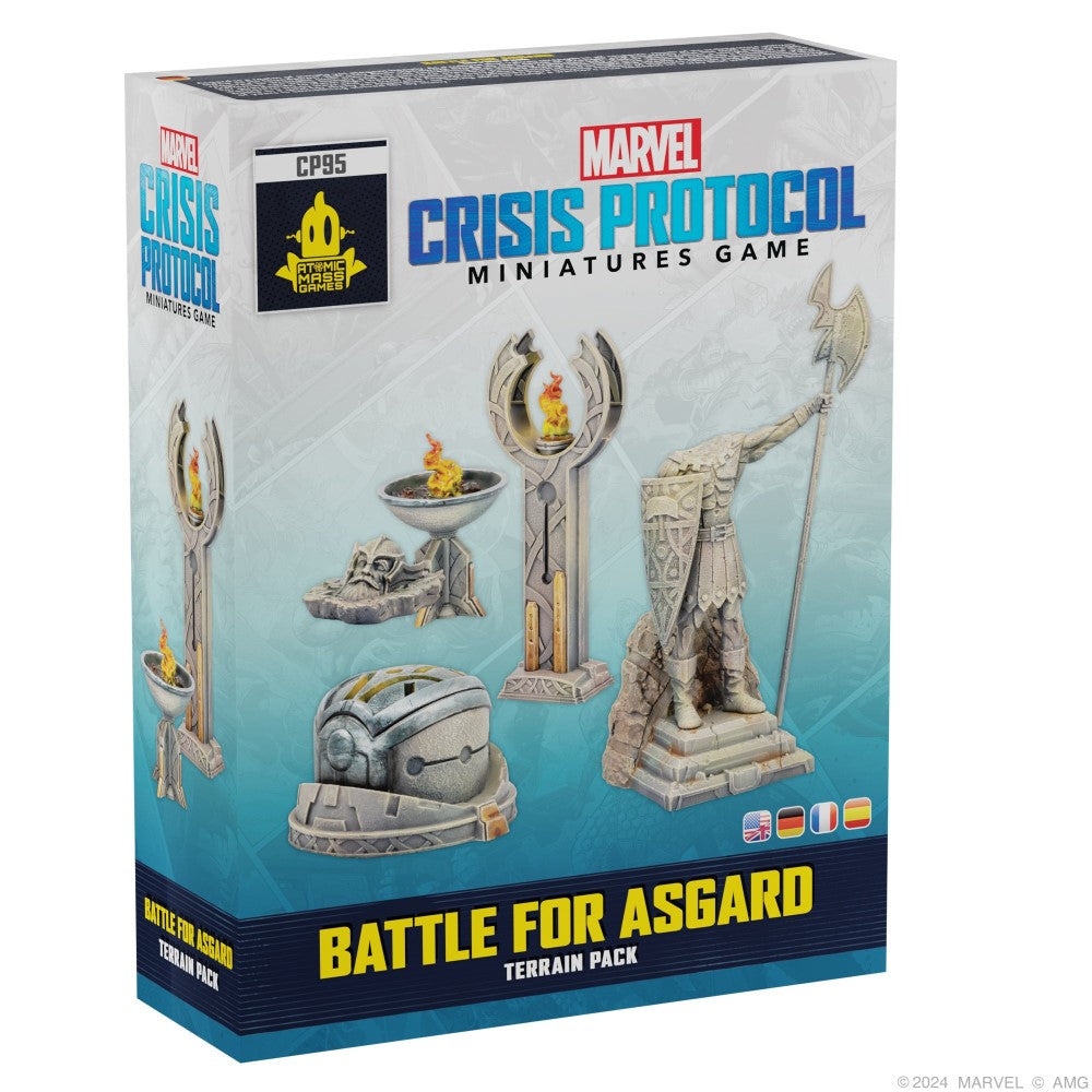 Marvel Crisis Protocol Battle For Asgard Terrain Pack box, featuring miniature statues, ruins, and flaming torches