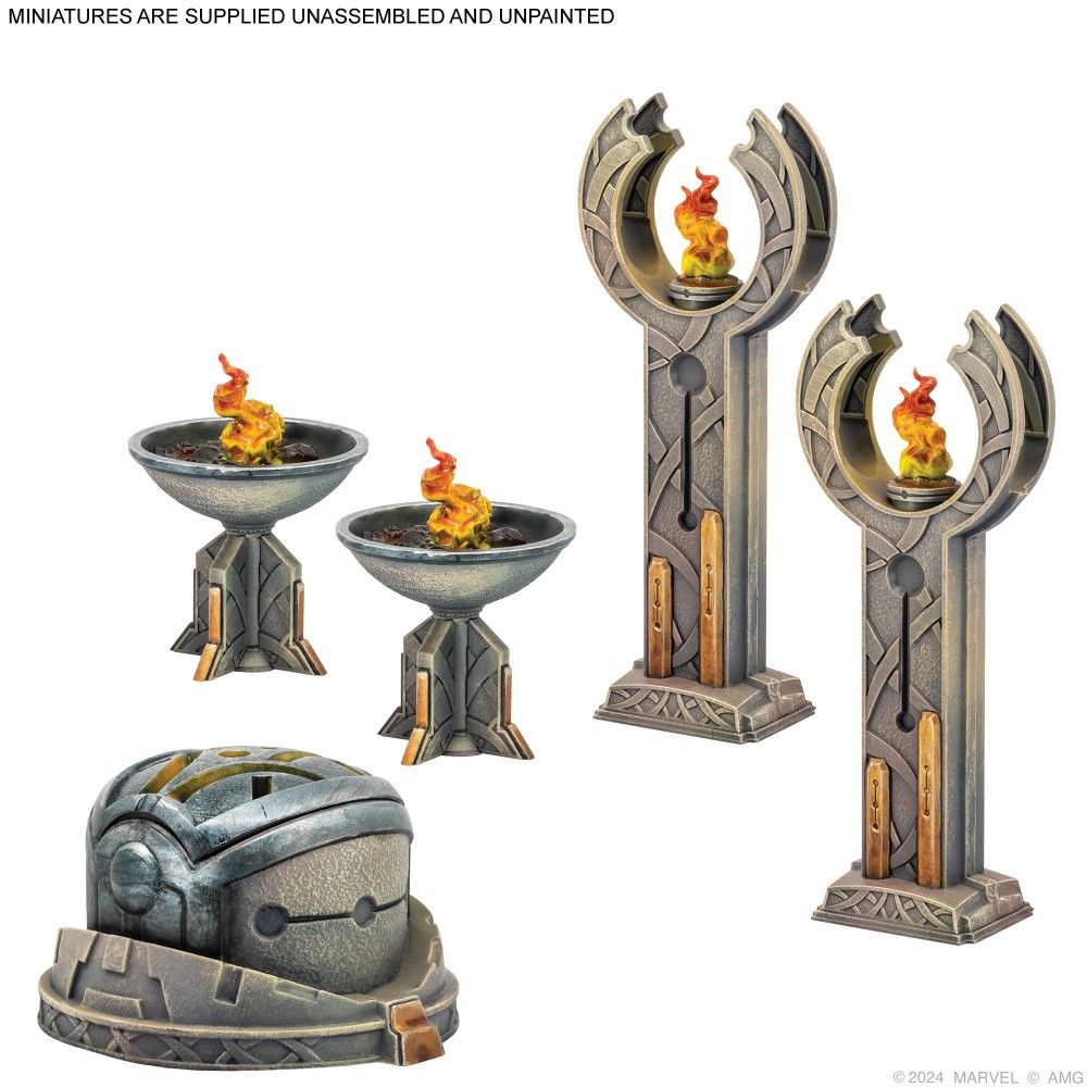 Five painted miniature game terrain pieces: two altars and two pillars with orange flames, and a dome objective