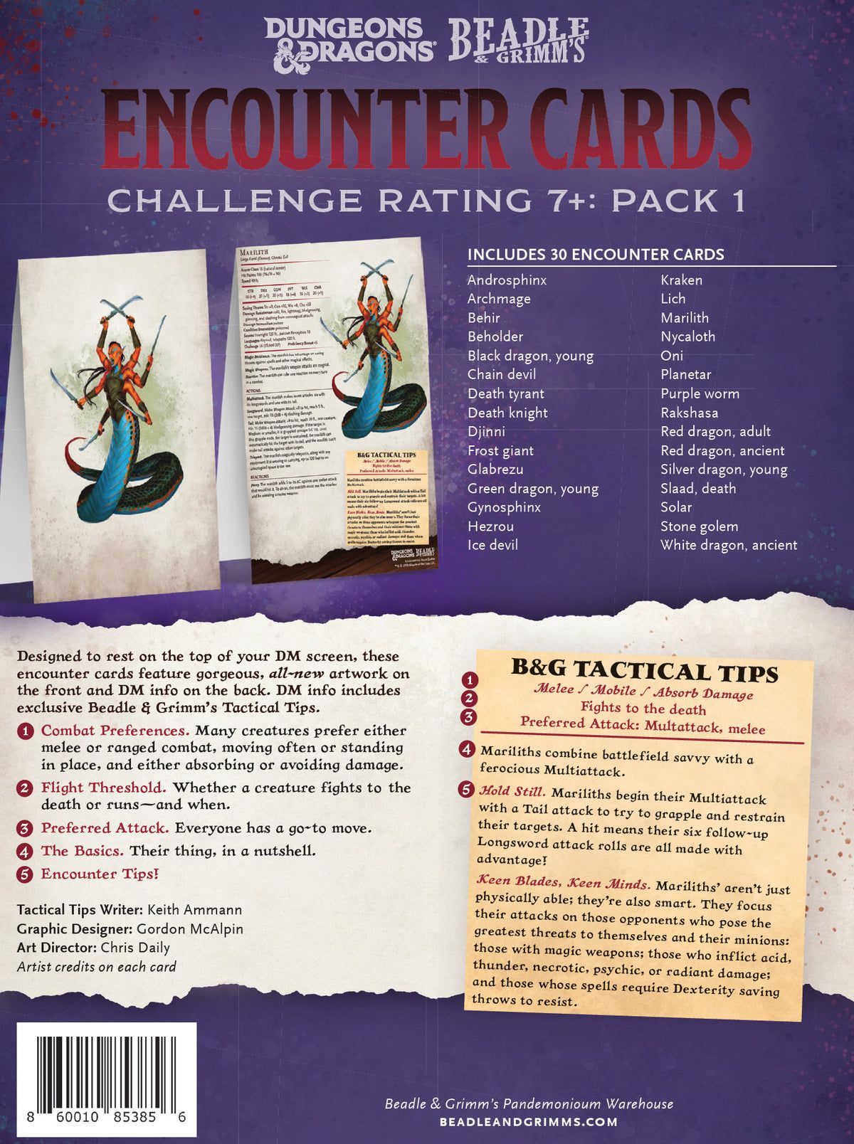 Dungeons & Dragons Beadle & Grimm's Encounter Cards Pack 1 cover, featuring a multi-armed Marilith monster with swords, 30 creature names, and tactical tips