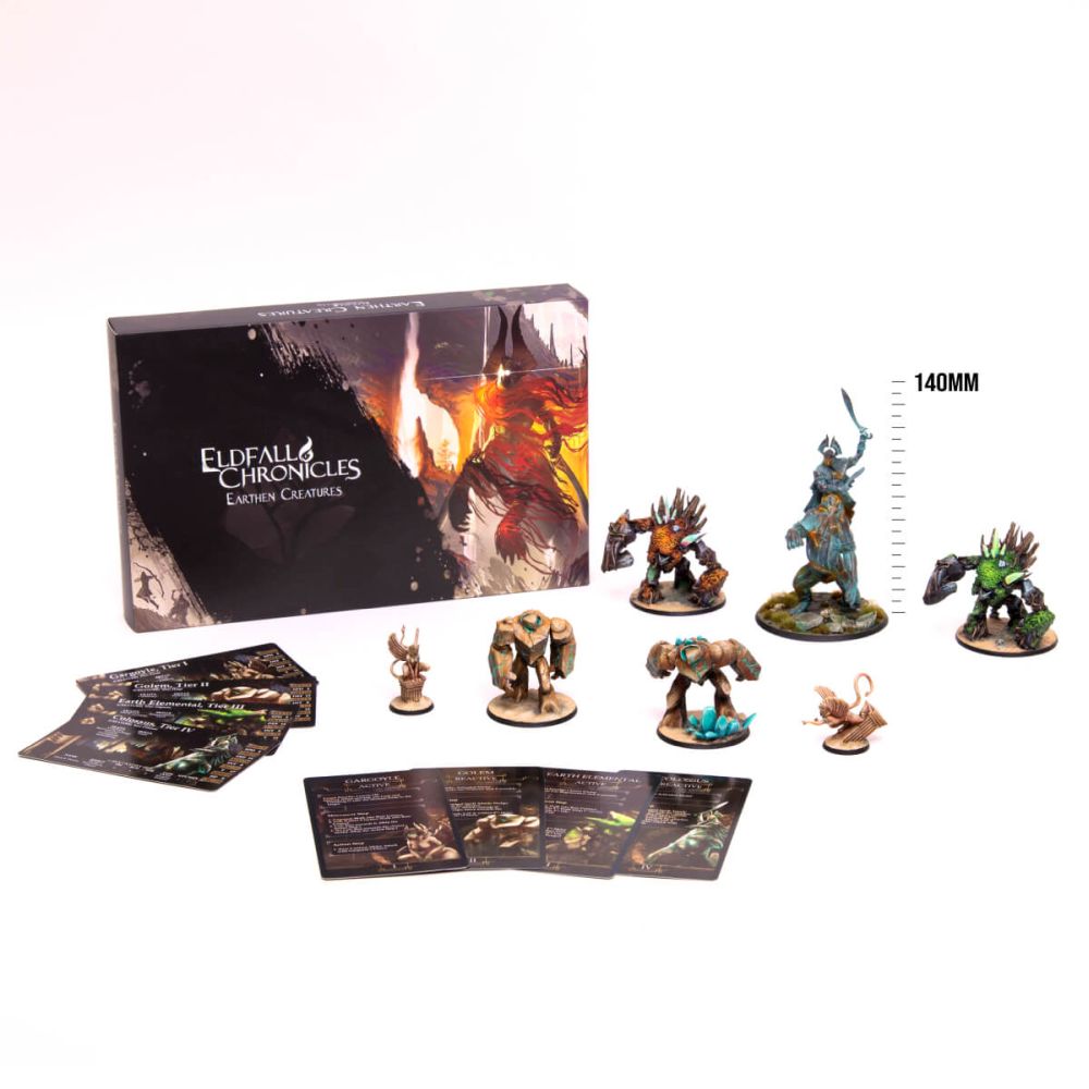 Eldfall Chronicles: Earthen Creatures box, game cards, and eight detailed creature miniatures, including a large mounted warrior