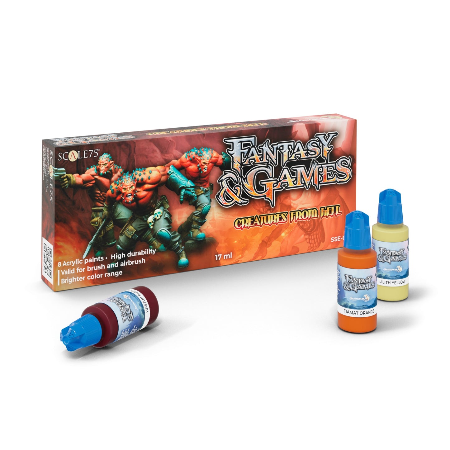 A Scale75 Fantasy & Games paint box featuring demons, with three colorful acrylic paint dropper bottles