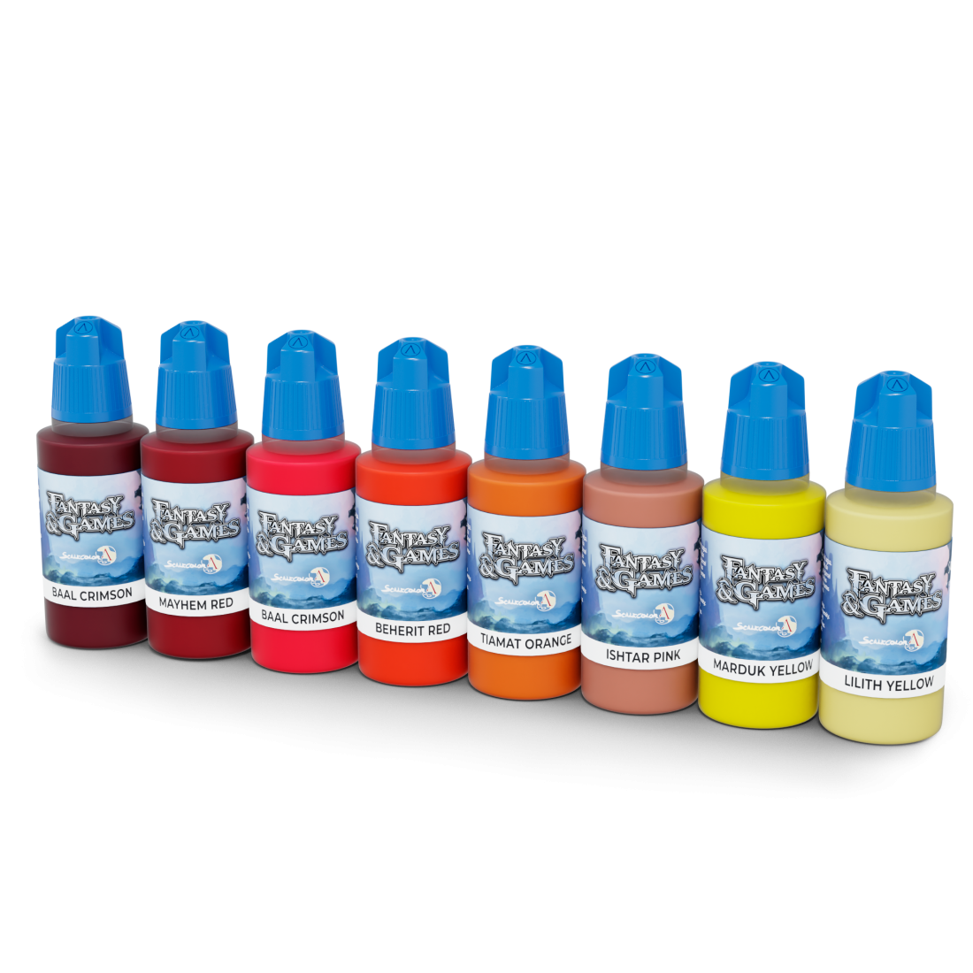 Eight bottles of Fantasy & Games miniature paints in shades of red, orange, pink, and yellow