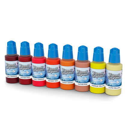 Eight bottles of Fantasy & Games miniature paints in shades of red, orange, pink, and yellow