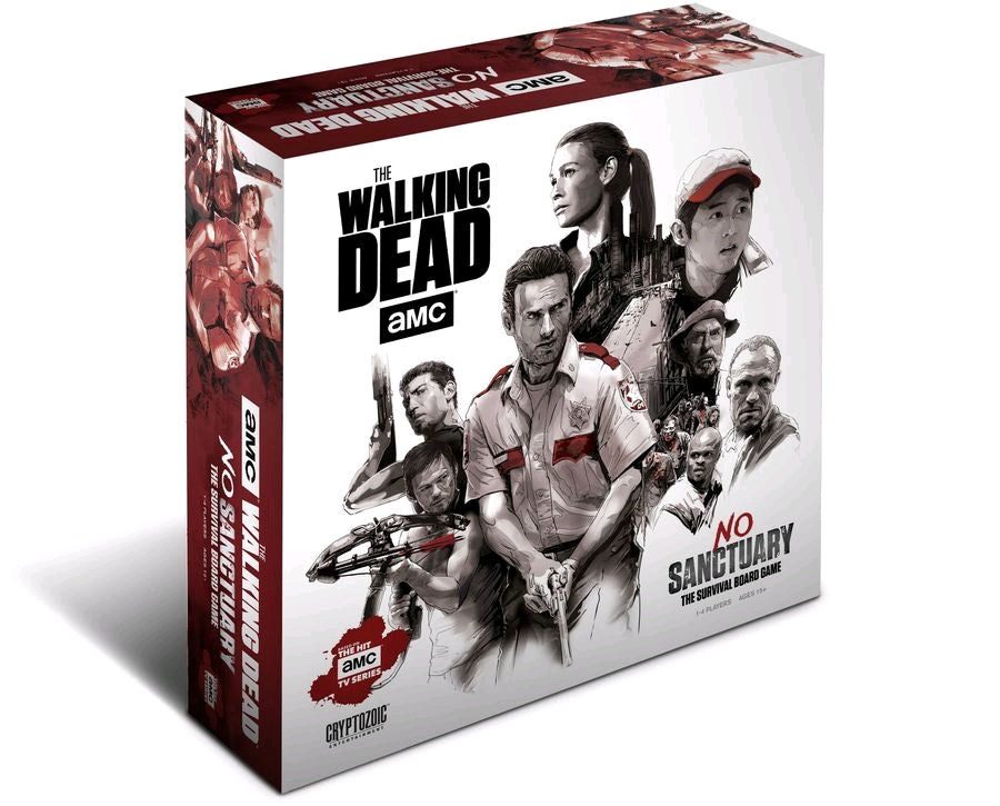 The Walking Dead: No Sanctuary board game box, with comic-style art of Rick, Michonne, Daryl, and other characters