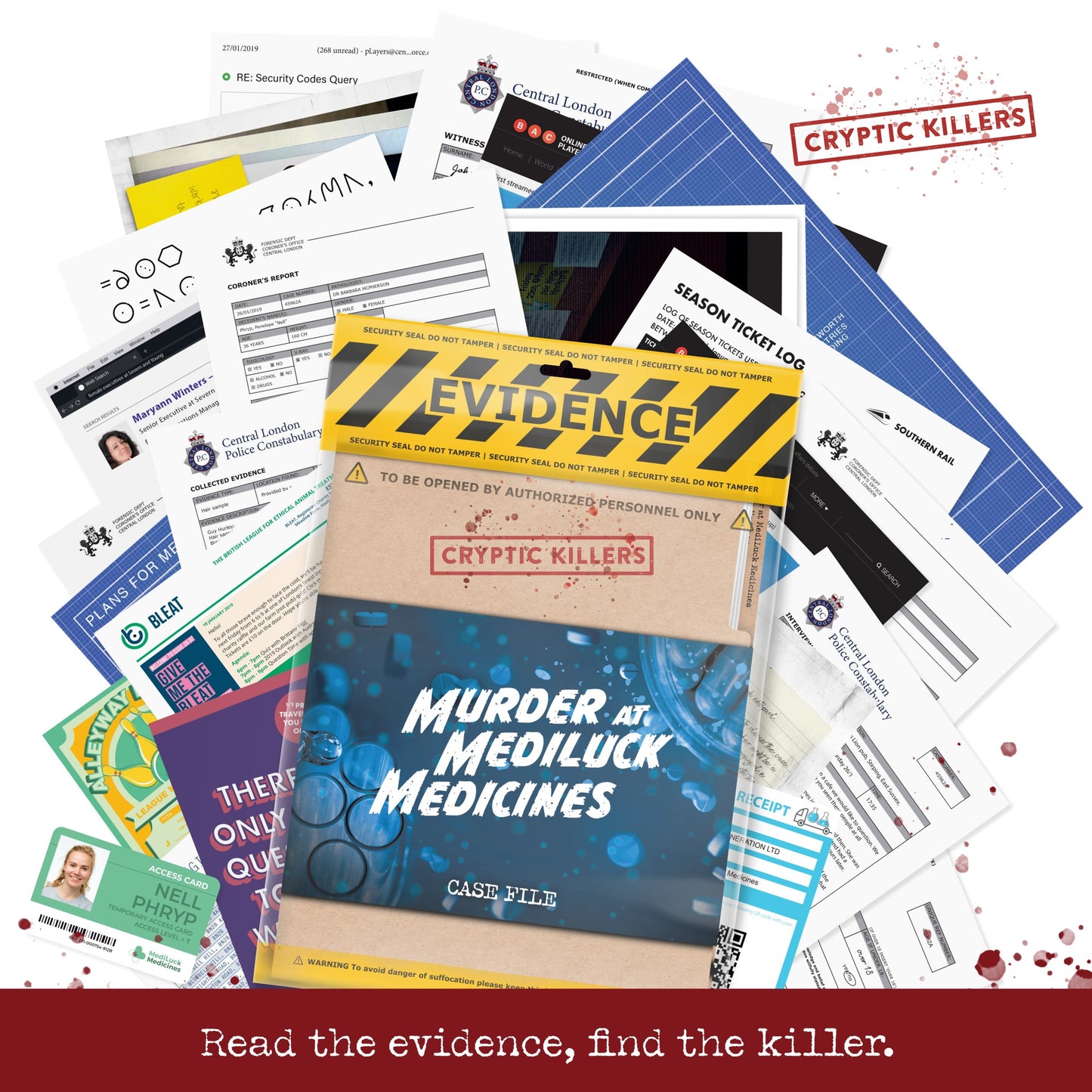 Scattered police evidence, documents and coroner's report surrounding the "Murder at Mediluck Medicines" case file