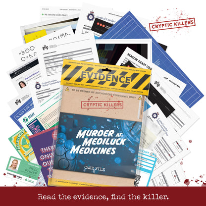 Scattered police evidence, documents and coroner's report surrounding the "Murder at Mediluck Medicines" case file