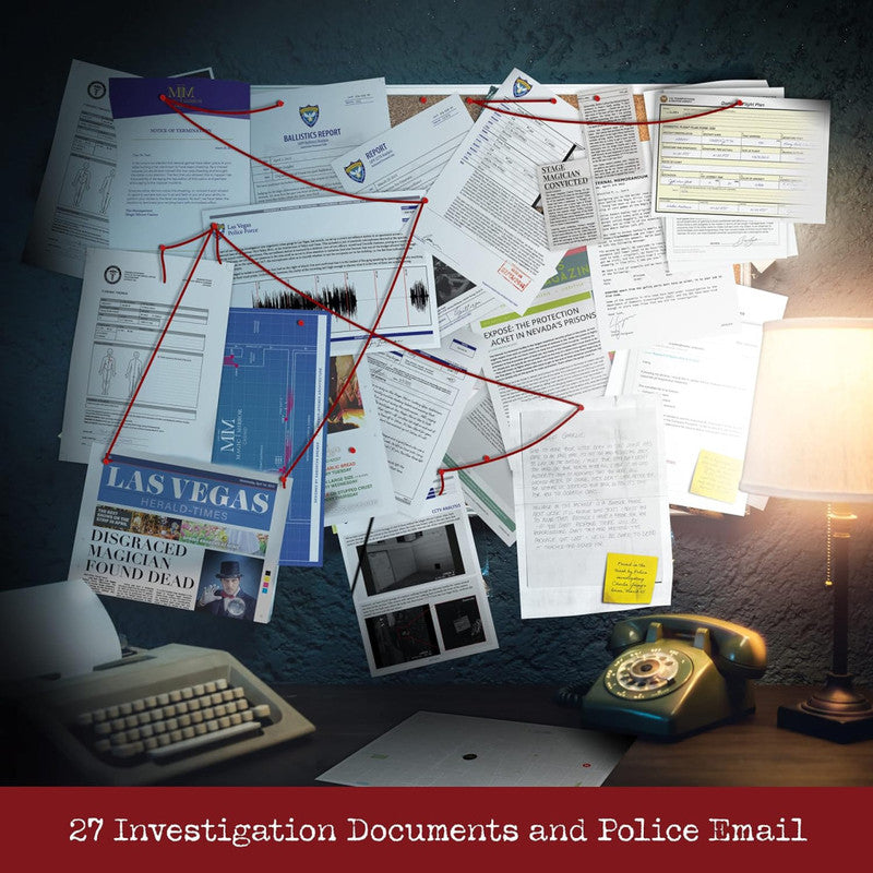 Investigation wall with documents and crime evidence connected by red strings. Typewriter and rotary phone on a desk