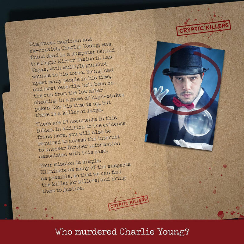 Detective case file folder detailing the murder of magician Charlie Young, shown in a top hat holding a crystal ball