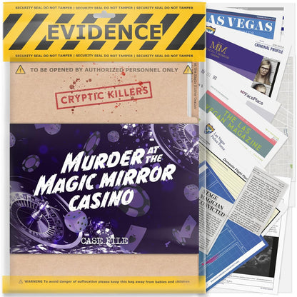 A murder mystery case file game kit titled "Murder at the Magic Mirror Casino," packaged in a sealed evidence bag with documents