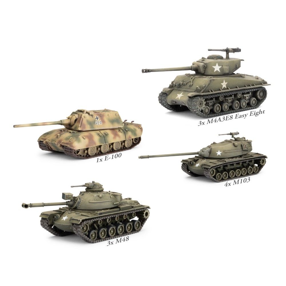 Four miniature military tank models: camouflage German E-100, olive green US M4A3E8 Easy Eight, M103, and M48 tanks