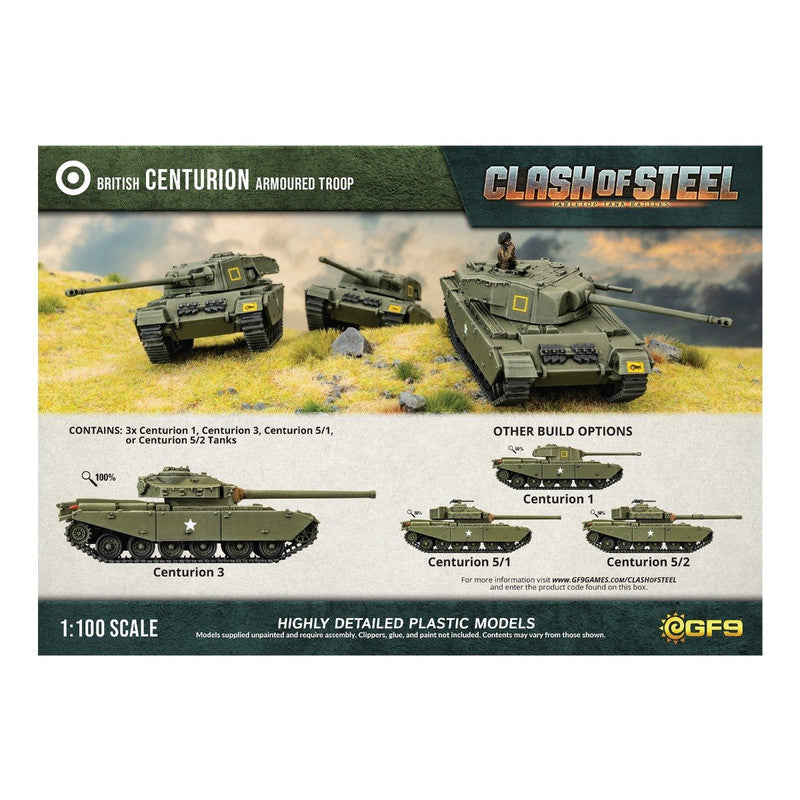 Image displays miniature British Centurion tanks for Clash of Steel, three models are on terrain, with other build options shown below
