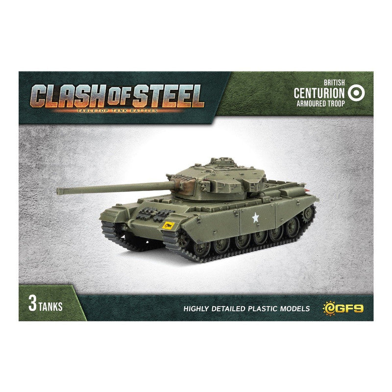 Front cover of highly detailed green British Centurion model tank for &quot;Clash of Steel&quot; tabletop game