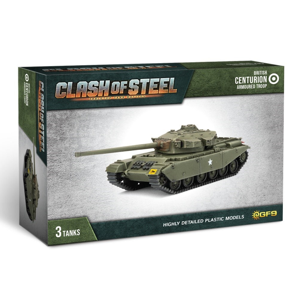 Clash of Steel tabletop Centurion Armoured Troop game box displaying a green British Centurion tank model, contains 3 detailed plastic models