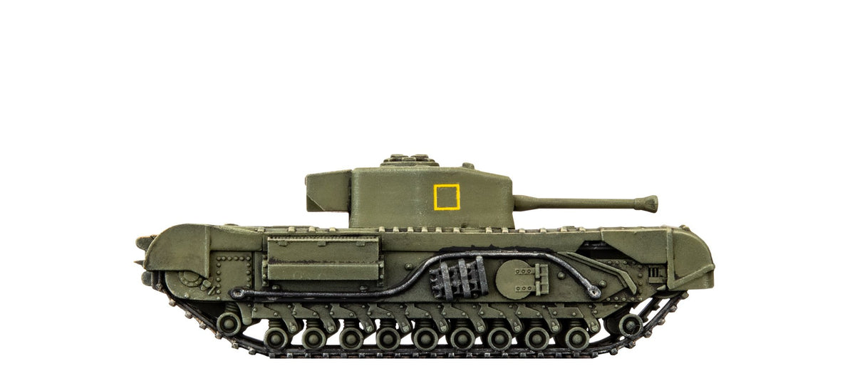 An olive green model tank, side view, with a yellow square on its turret, on a white background